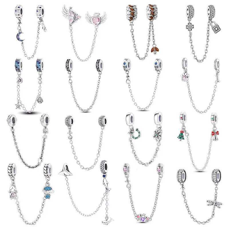 925 Sterling Silver Wheat Ear Pink Wings Star Safety Chain Charms Fit Original Bracelet Charm Necklace Female JewelryXJ250517