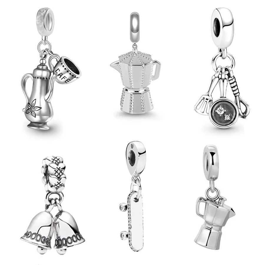 Hot Sale Distred Coffee Pot Spatula Frying Pan Dangle Charm Jewelry Bead Fit Original European925 Sterling Silver BraceletXJ250517