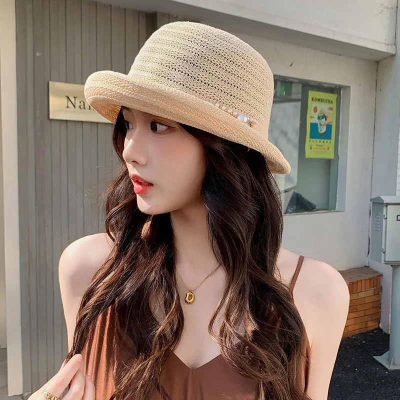 A Fishermans Hat with Upturned Edges Casual Pearl Sun Protection and Shading Japanesestyle for Spring Summer 250517