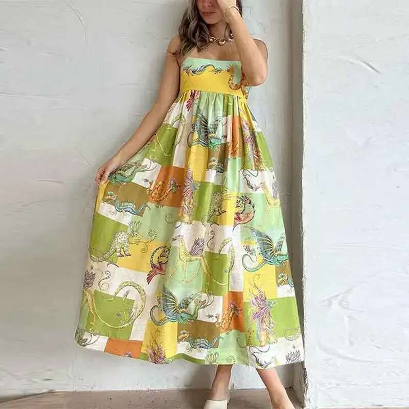 Basic Casual Dresses Elegant Print Colorful Long Dress Women High Waist Straps Backless Sexy Ladies Summer Beach Vaction Robe designer bag
