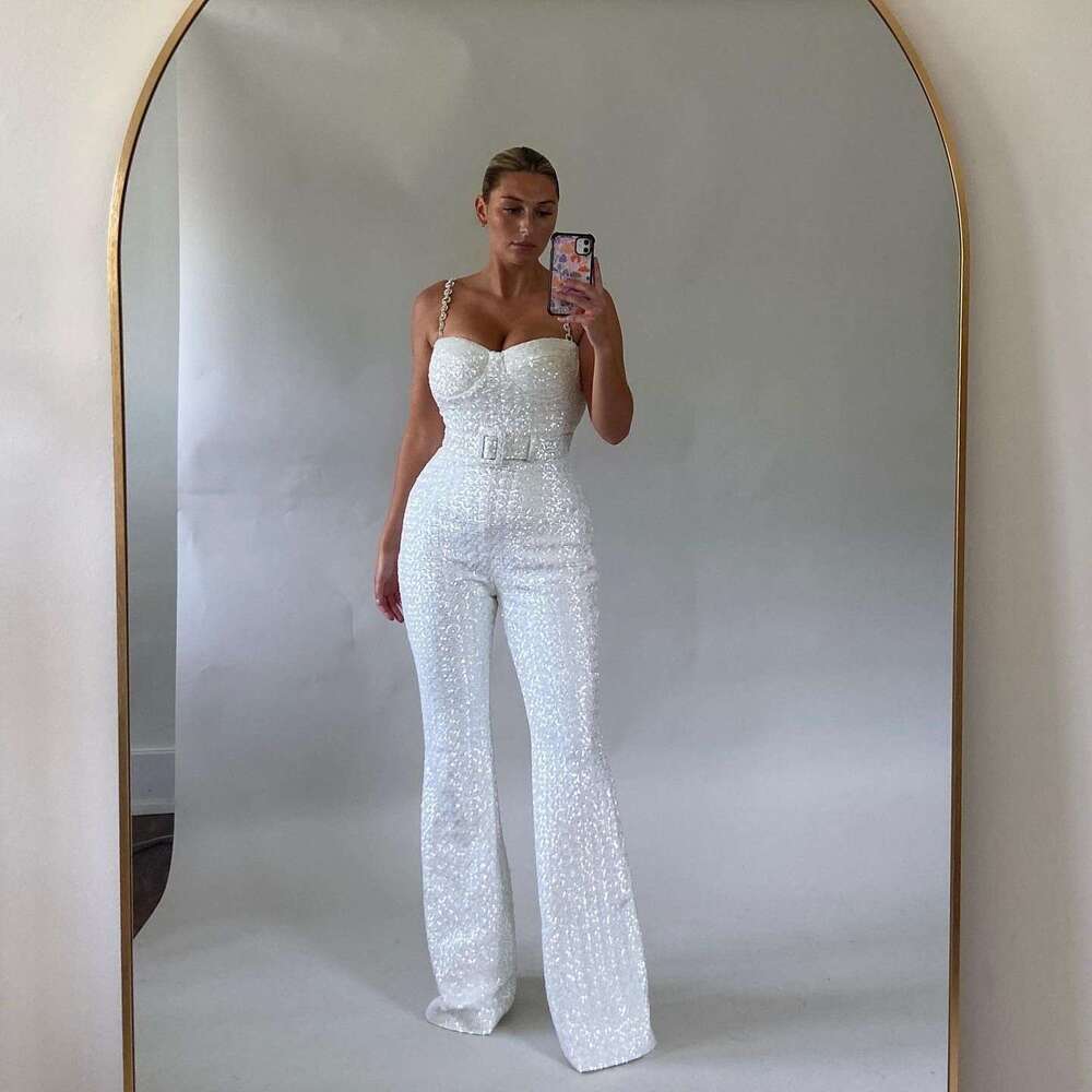 Wide Leg Jumpsuit New Fashionable And Sexy Chain Waistband Sequined Jumpsuit Backless Women S Spicy Pants Set
