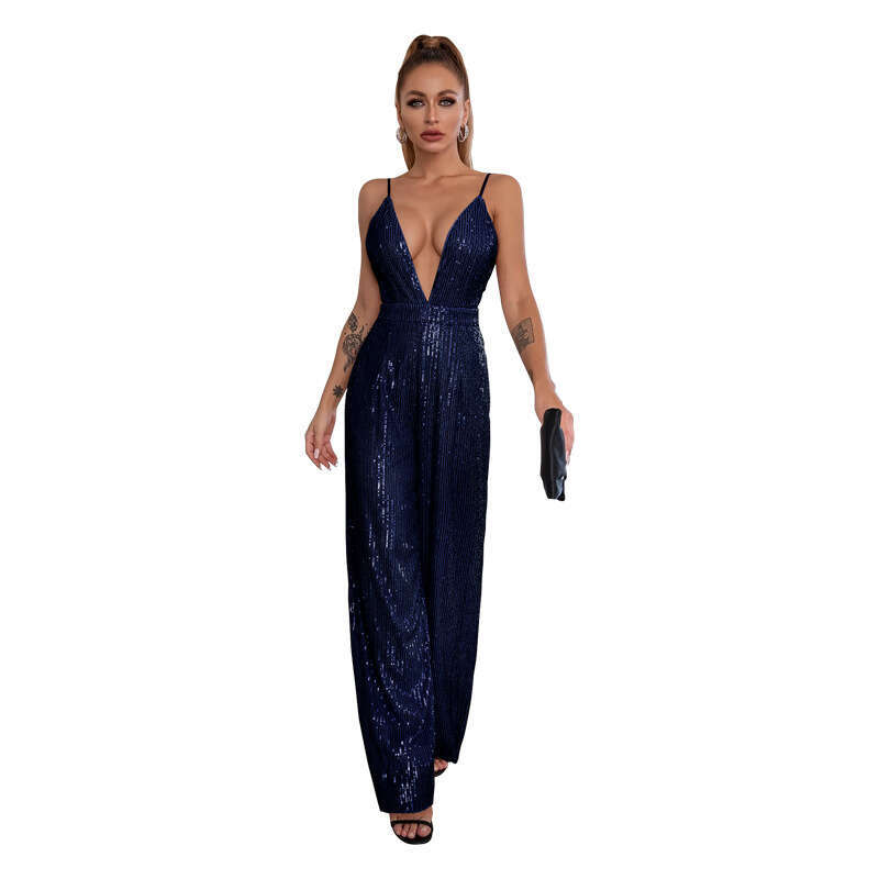 Wide Leg Jumpsuit Women S Fashion Spicy Girl Sleeveless Camisole Deep V French Backless Sequined Jumpsuit