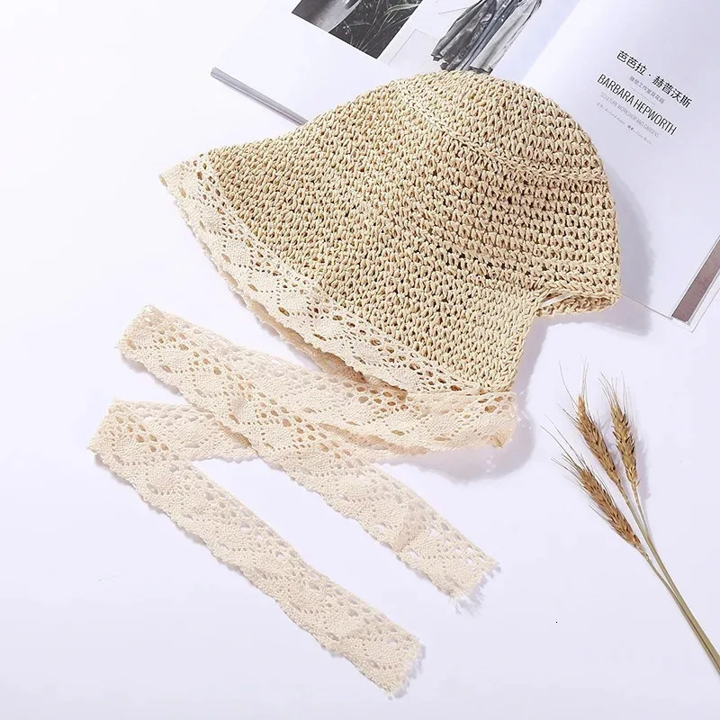 Summer Hats for Women Beach Lace Sun Hat Ribbon Holiday Beach Straw Paper Lady Outdoor Travel Cap Women Bucket Hat Foldable 250516