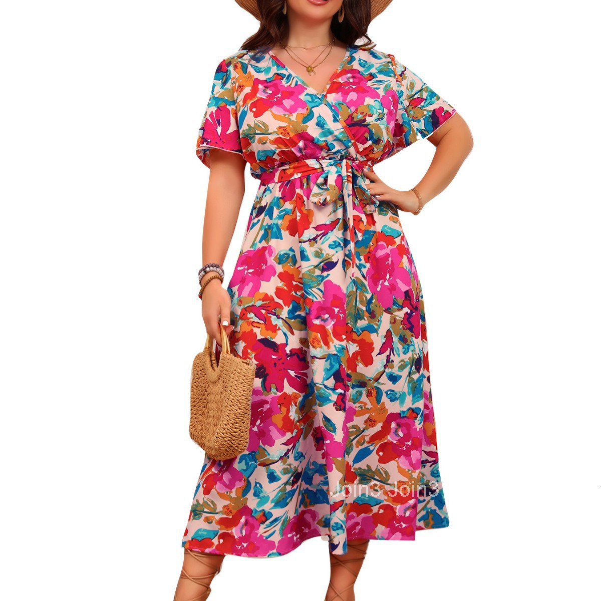 Large Womens Elegant Temperament V-neck Cinched Waist Slimming Lace Up A-line Floral Dress