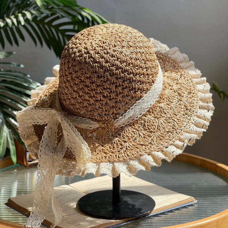Handmade Womens Summer Hollow Straw Hat - Lace Strap Panama Bucket Hat Foldable UV Protection Suitable for Beach and Travel 250516