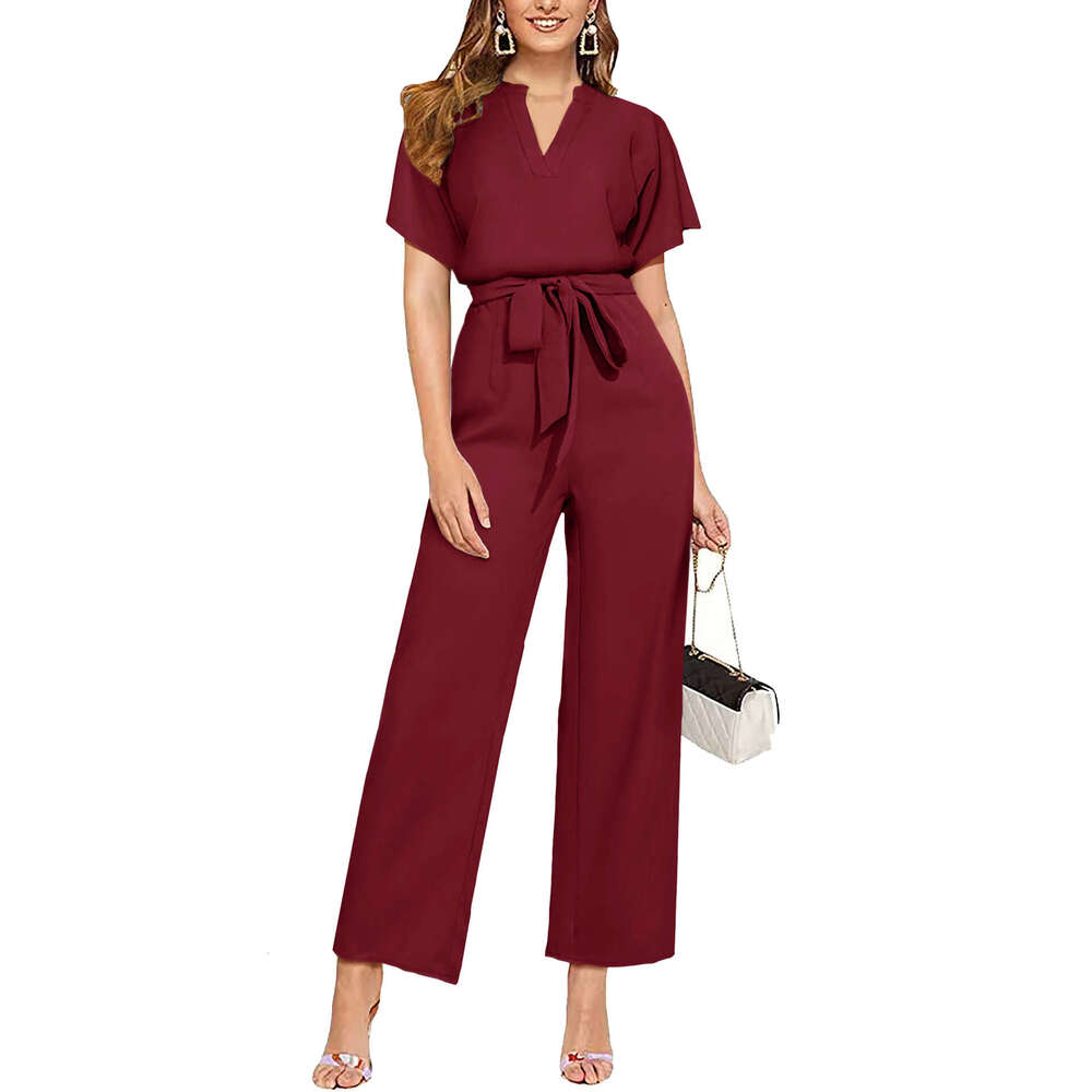 Wide Leg Jumpsuit Summer Solid Color V Neck Sleeveless Women S Jumpsuit Belt