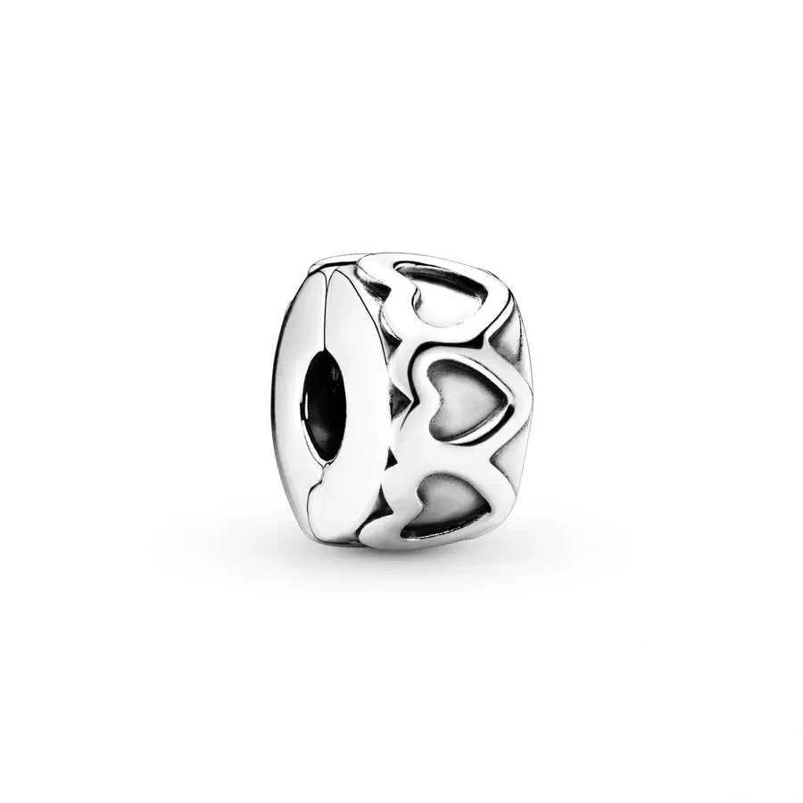 DIY Jewelry Gift Golden Band of Hearts Polished Feathered Studded Clip Charm Beads Fit Original 925 Sterling Silver Pan BraceletXJ250517