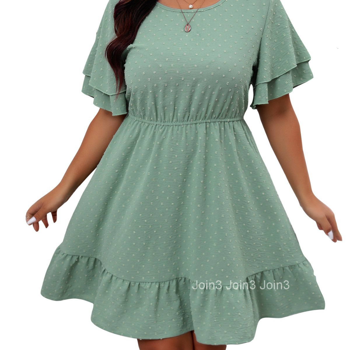 Large Casual Small Ball Round Neck Double Layered Lotus Leaf Sleeve Dress