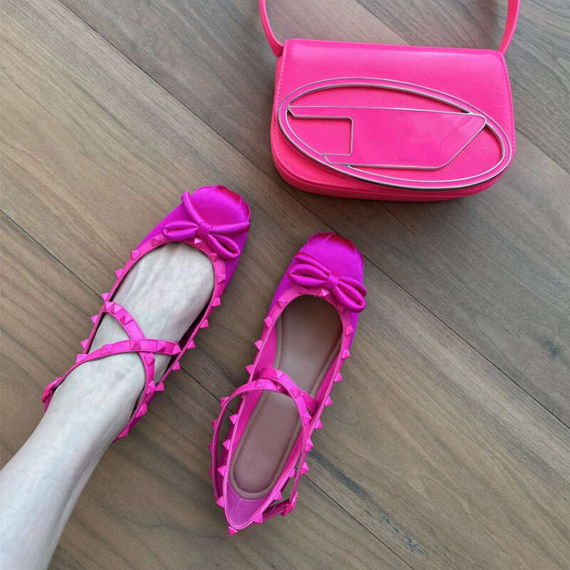 Fairy Cross Buckle Ballet Women's 2023 Summer and Autumn New Bow Rivet Flat Bottom Shallow Mouth Silk Single Shoes