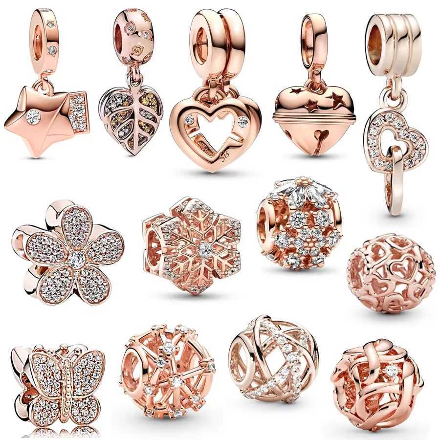 Rose Gold PlatedFestive Snowflake Charm Interlocking Hearts Dangle Bead Fit Original Silver 925 Europeans Bracelet Women JewelryXJ250517