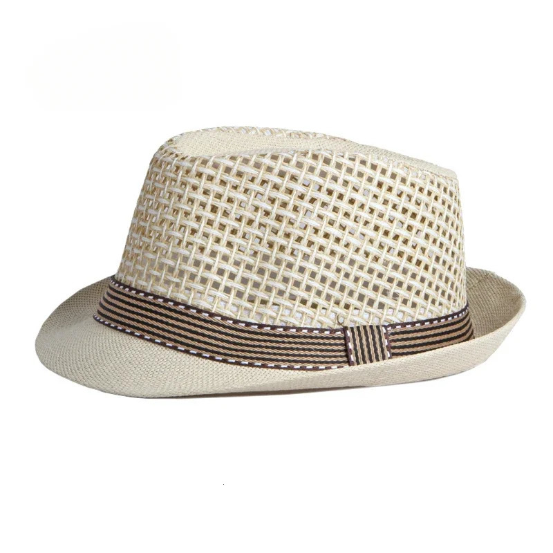 Mens Hats Summer Breathable Straw Small Top Hat Womens Sun Protection Beach Hat British Retro Jazz Cap Mesh Fedora Black Hat 250516