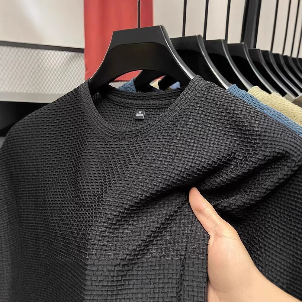 Ice silk t-shirt men's short sleeved 2025 summer new bamboo jacquard top cool, breathable, elastic base shirt versatile