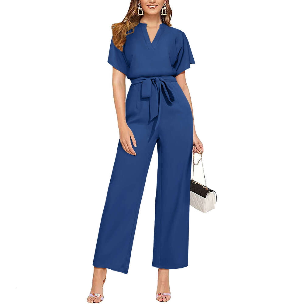 Wide Leg Jumpsuit Summer Solid Color V Neck Sleeveless Women S Jumpsuit Belt