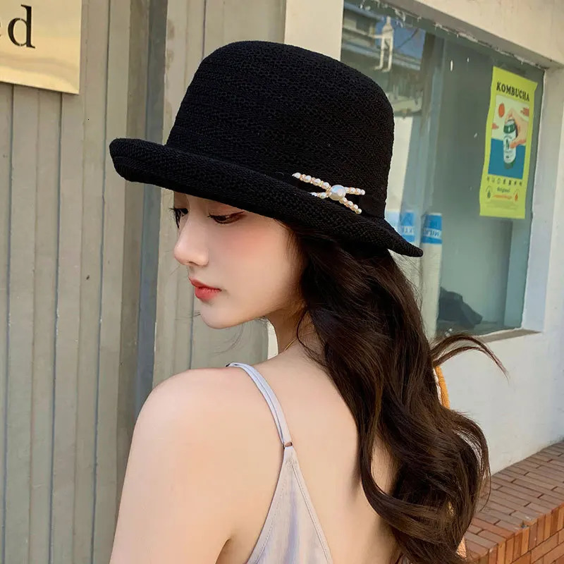 A Fishermans Hat with Upturned Edges Casual Pearl Sun Protection and Shading Japanesestyle for Spring Summer 250517
