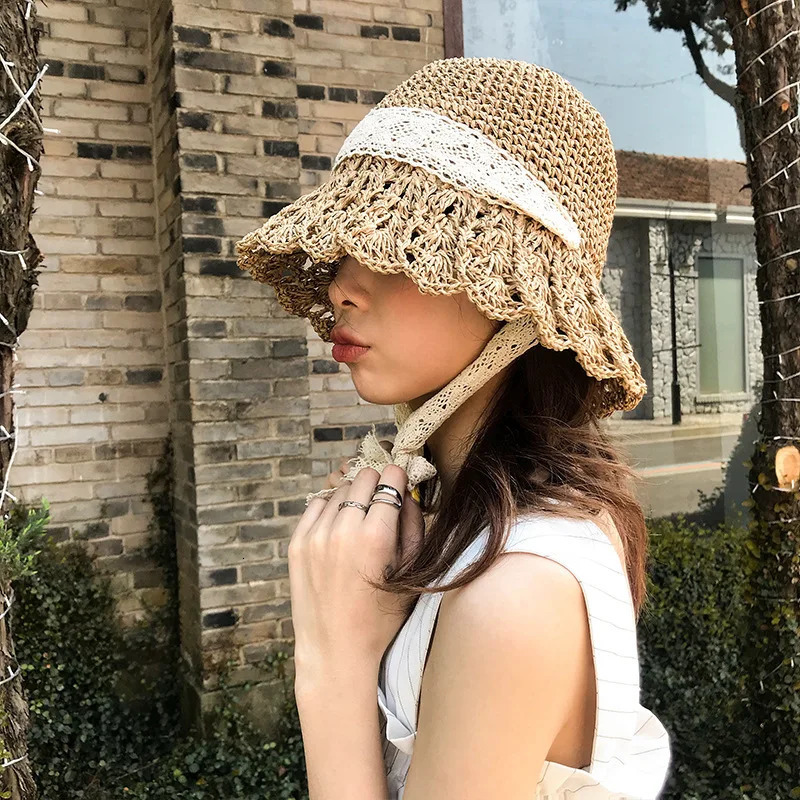Womens Summer Crochet Straw Bucket Hat - Hollow Out Lace-Up n UV Protection Foldable Sun Cap for Beach Outdoor Fashion 250516