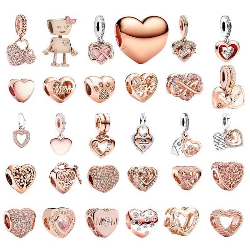 New Fine Rose Gold Pendant Heart-Shed Charm Beads Fit Original European 925 Silver Bracelet Accory DIY Women Jewelry GiftsXJ250517