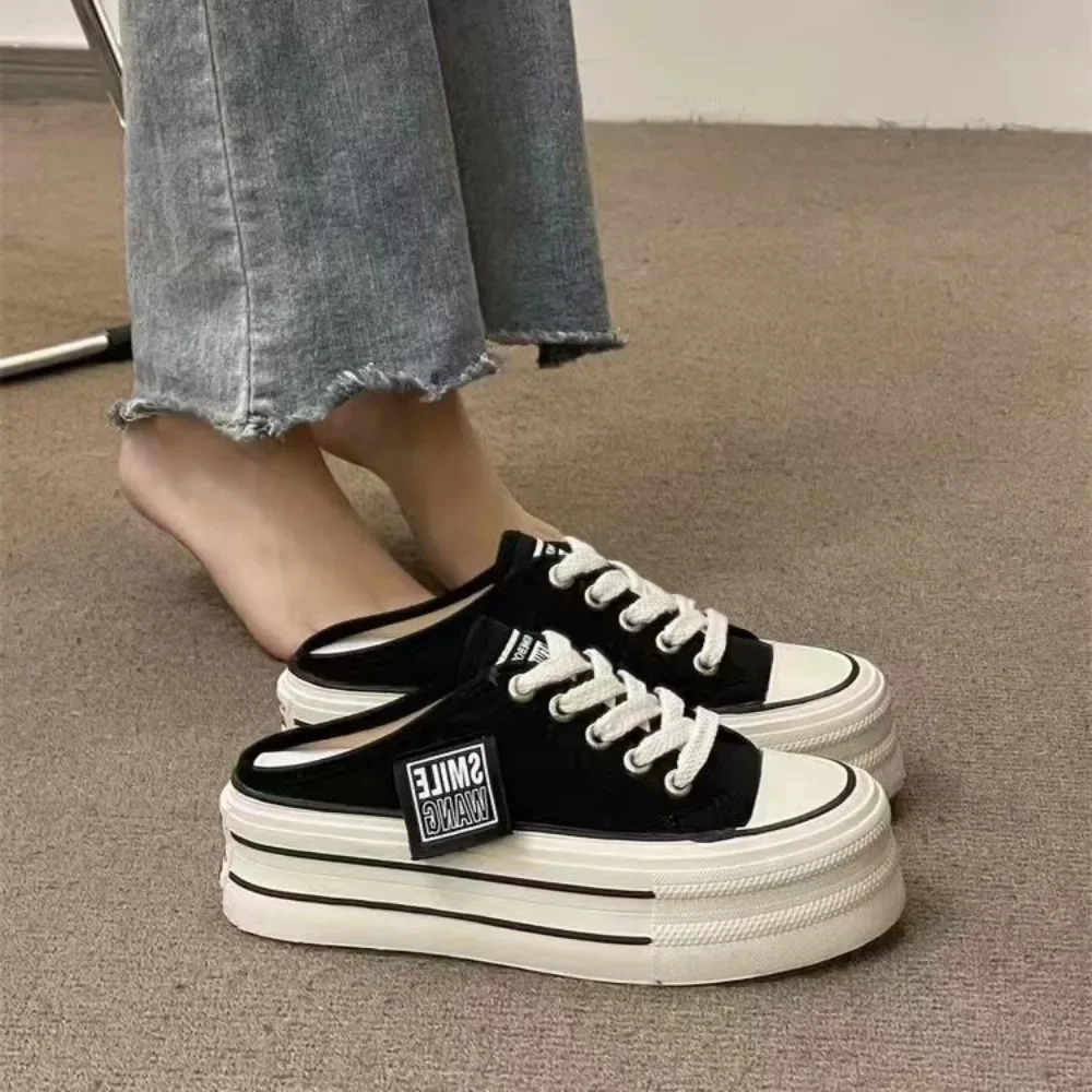 Summer Thick Soles Increase Slippers Trend All Lazy People A Slip-on Half Drag Fashion Casual Canvas Shoes Women 250515