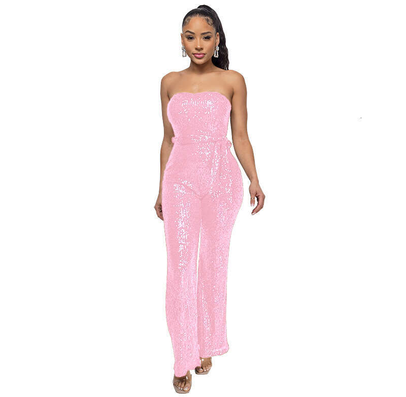 Wide Leg Jumpsuit INS Style Sleeveless Sequined Waistband Solid Color Women S Strapless And Backless Jumpsuit