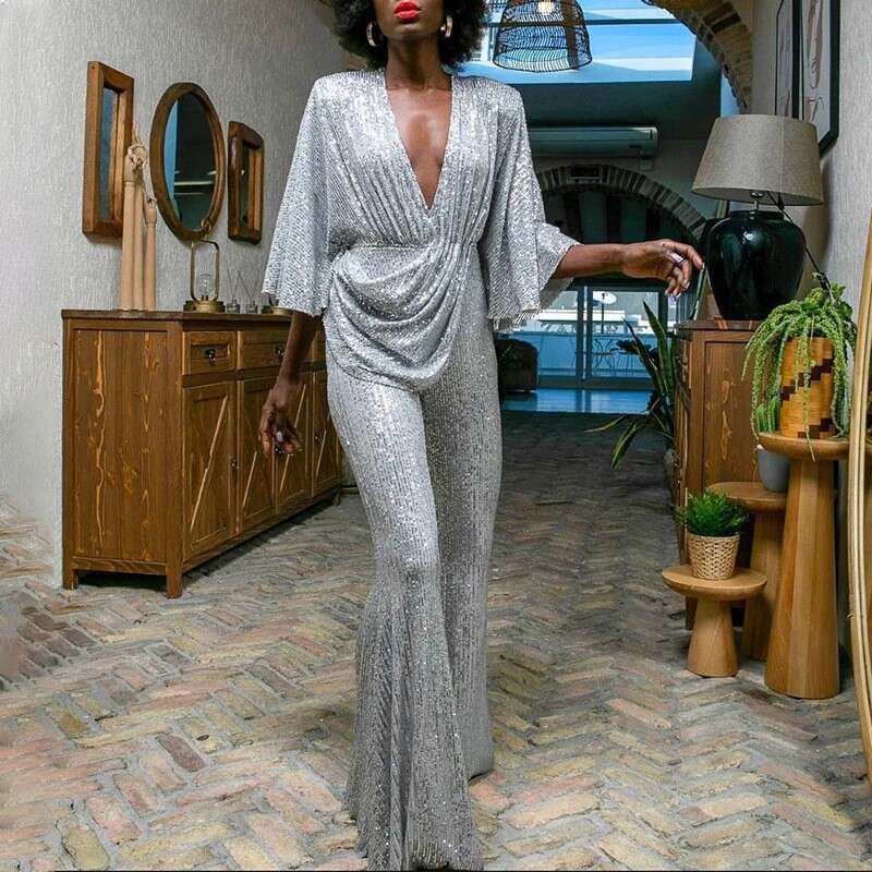 Wide Leg Jumpsuit New Women S Sequined Sexy Deep V Back Jumpsuit Pants