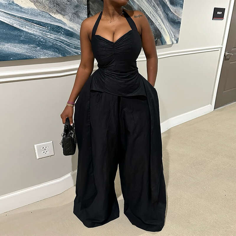 Wide Leg Jumpsuit Women S Summer Sexy Hanging Neck V Neck Irregular Sleeveless High Waisted Ribbon Jumpsuit Pants