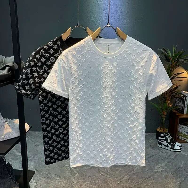 Free shipping summer men's new crew neck pullover short Men's fashion trend print loose casual half sleeve T-shirt black white