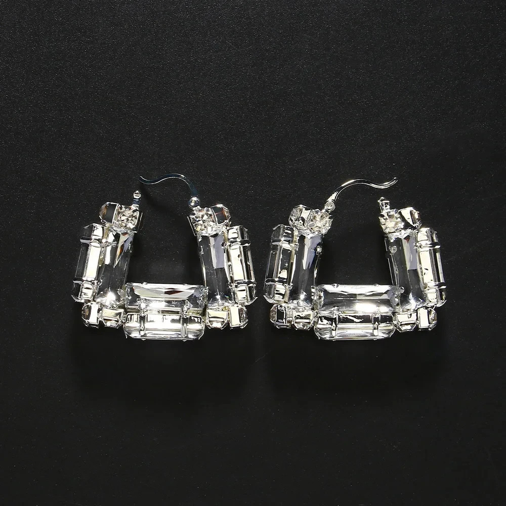 Stonefans Hollow Crystal Large Hoop Earrings Square Lady Accessories Elegant n Geometric Rhinestone Statement Prom 250517