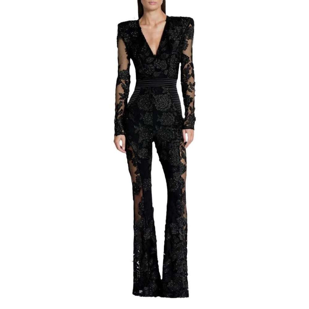 Wide Leg Jumpsuit New Temperament V Neck Jumpsuit With Lace Rhinestone Long Sleeves And A Sexy Evening Gown For Ladies