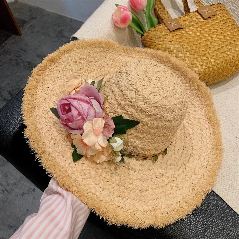 Flower rose decoration raffia straw hat for women summer large brim sun hat seaside atmosphere elegant wedding hat 250516
