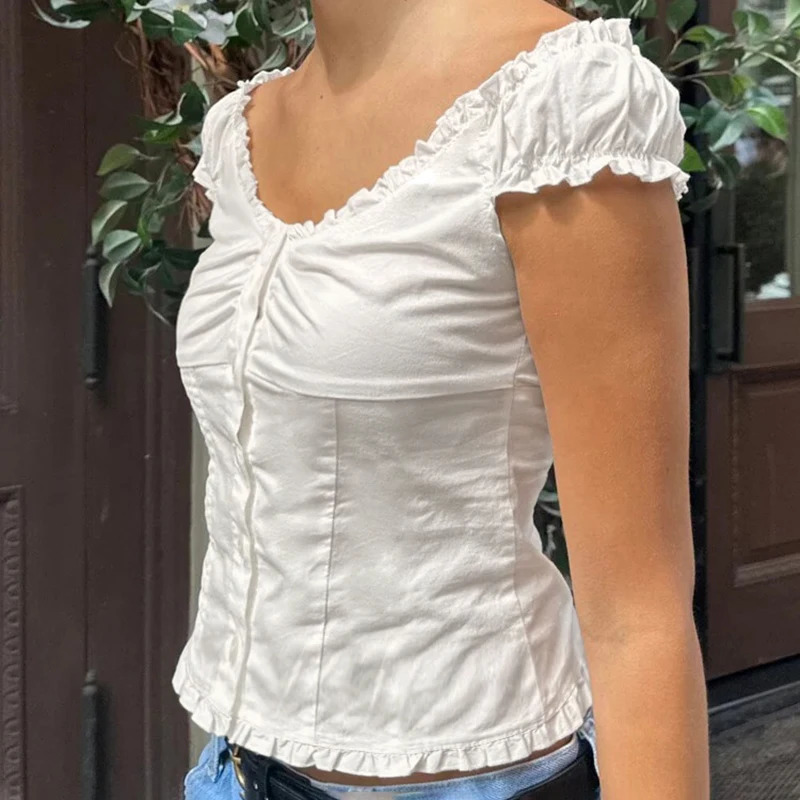 Darlingaga Korean Fashion Edible Tree Fungus Edge Shirts Womens Skinny With Botton Puff Sleeve Blouse Summer Cutecore Tops 250516