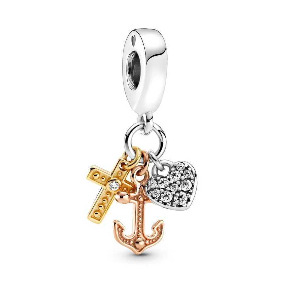 Hot Sparkling Cross Heart Double Dangle Charm Beads Fit Original 925 Sterling Silver Bracelet DIY Fashion Jewelry GiftXJ250517