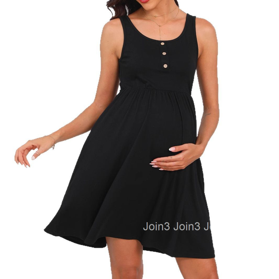 Spring and Summer New Maternity Clothing Solid Color Loose Double Pocket Fashionable Sleeveless Button Top Dress