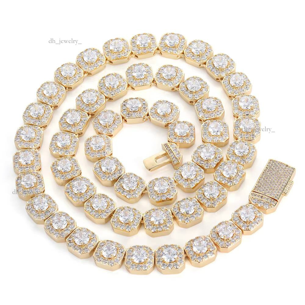 Nuoya 10mm Gold Plated Clustered Tennis Chain Necklace Iced Out Baguette Cubic Zircon Choker Necklaces