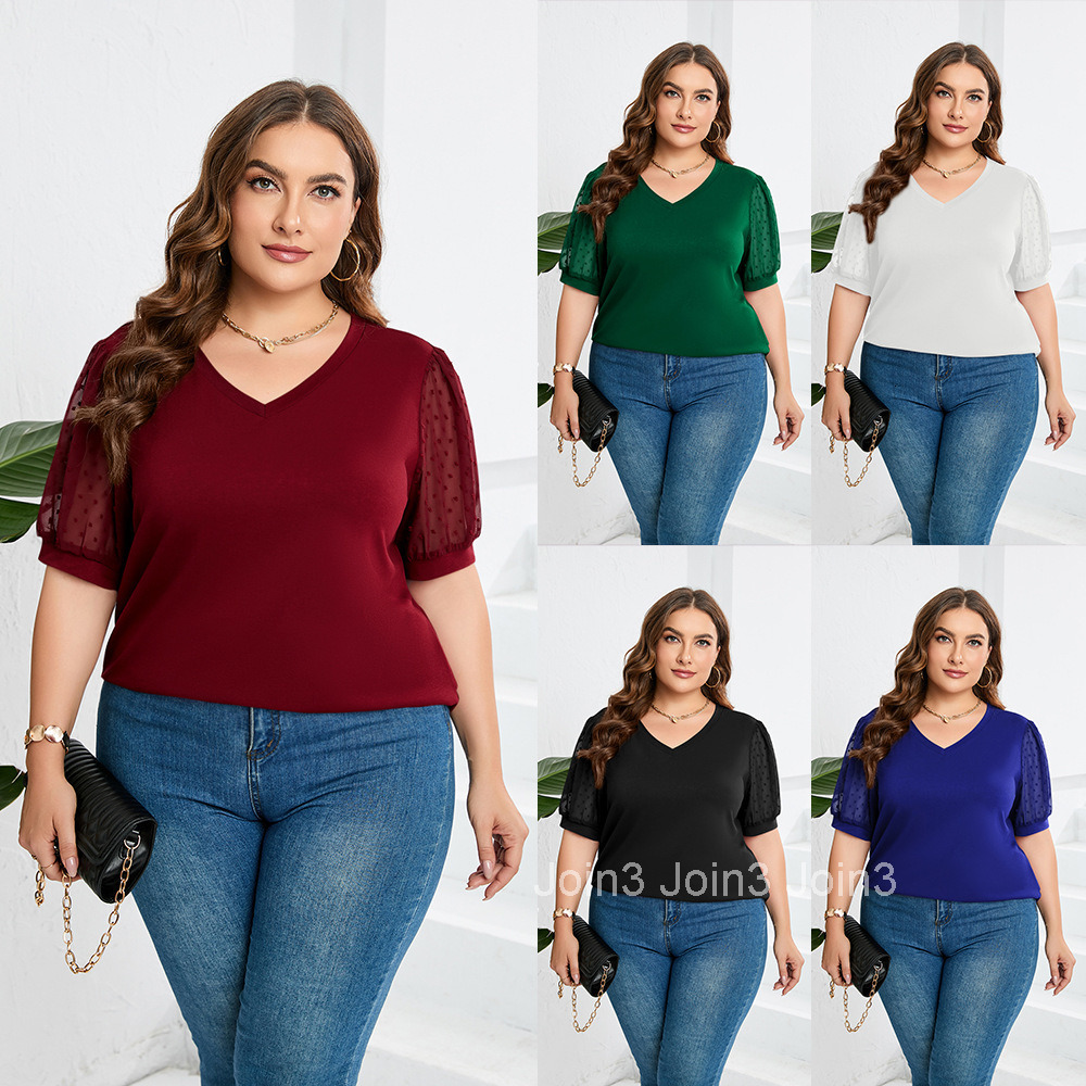 Womens Small Wool Ball Net Gauze Fluffy Short Sleeved Bubble Sleeved V-neck Solid Color T-shirt for Women