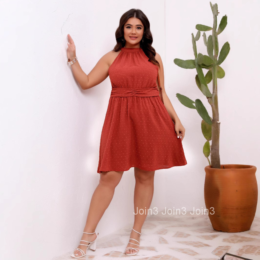 2025 Summer New Womens Large Half High Neck Hanging Neck and Waist Jacquard Solid Color Jumpsuit