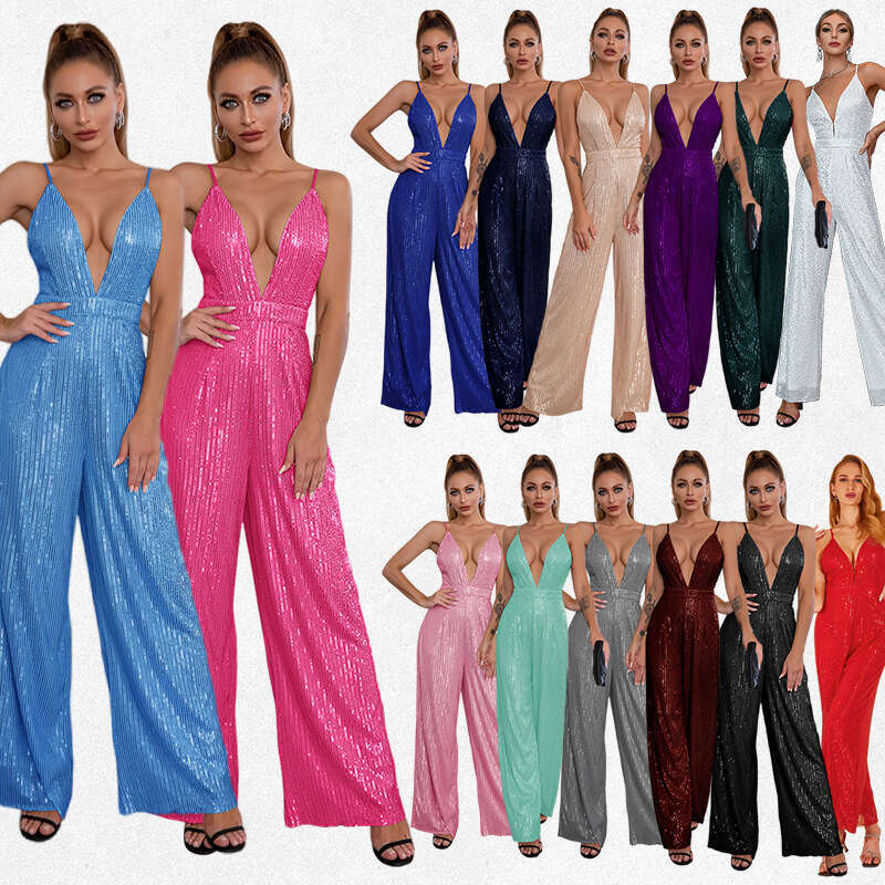 Wide Leg Jumpsuit Women S New Sequin Sleeveless Jumpsuit Spicy Girl Deep V Backless Suspender Jumpsuit For Women