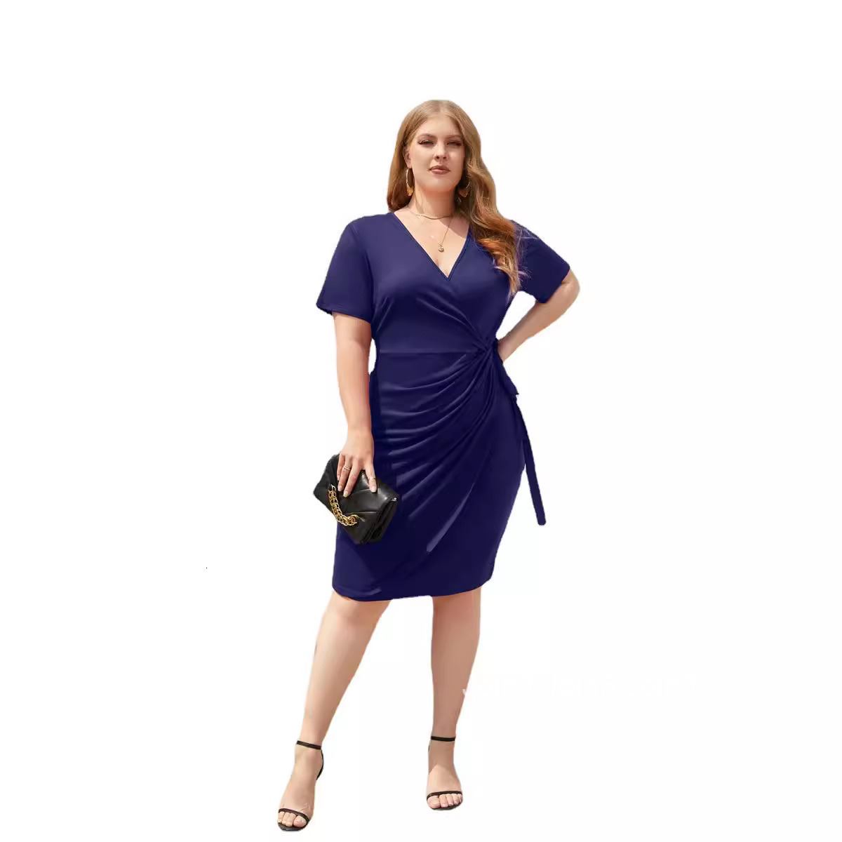 Large Size Womens Solid Color Casual Vacation Dress with Straps V-neck Mid Length Dress for Vacation