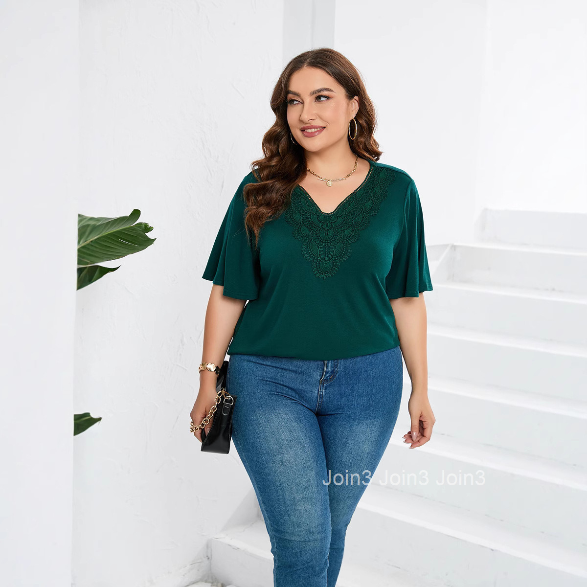 Womens Flare Sleeves Short Sleeve T-shirt Lace Panel Top Large Womens Wear