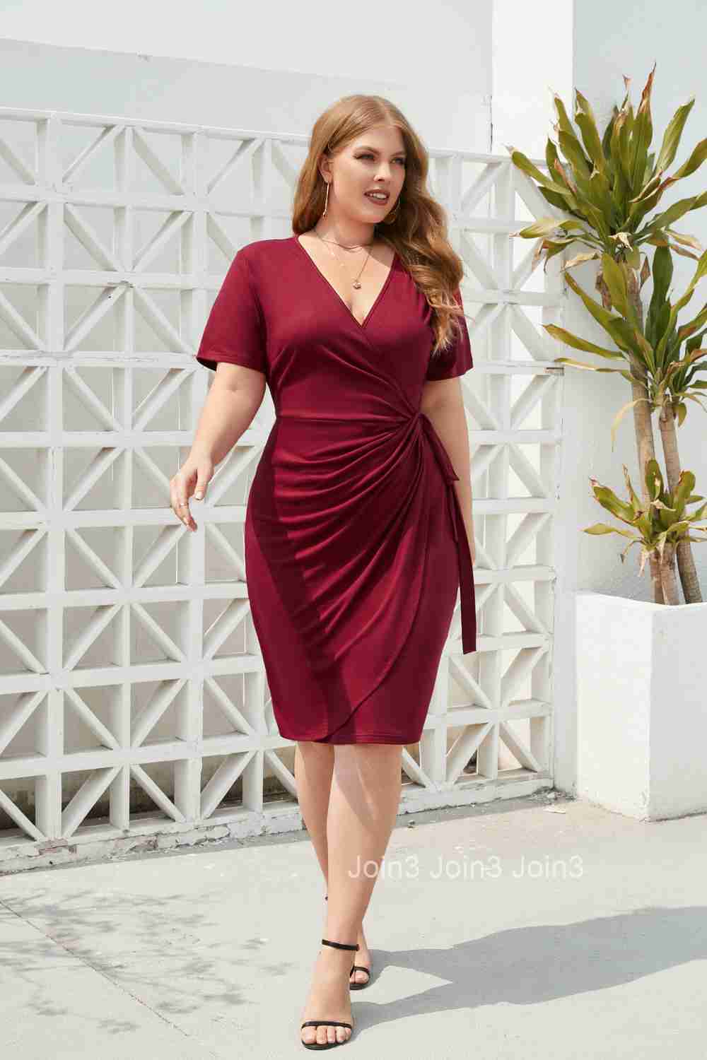 Large Size Womens Solid Color Casual Vacation Dress with Straps V-neck Mid Length Dress for Vacation