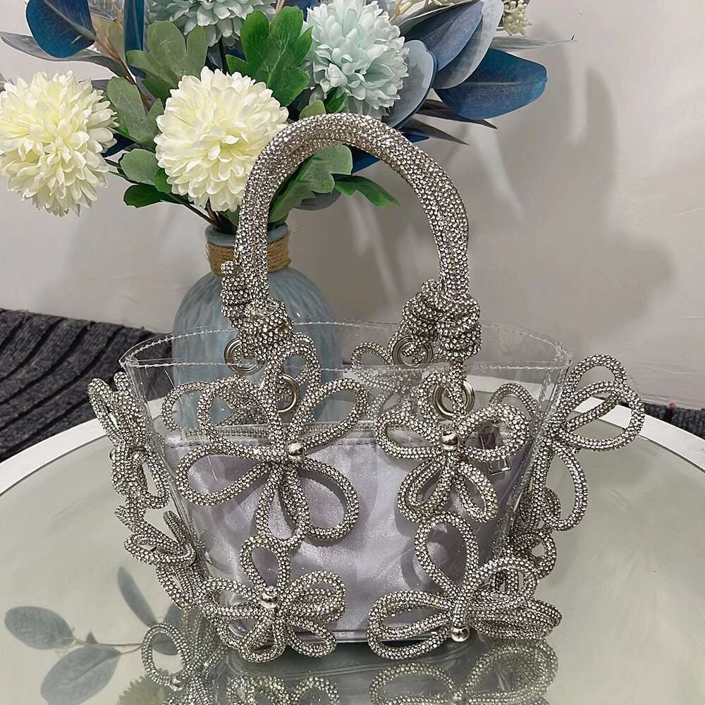 Dia Flower Basket PVC Clear Handbags Designer Crystal Shoulder Bag Rhinestone Bucket Bags for Women Clutch