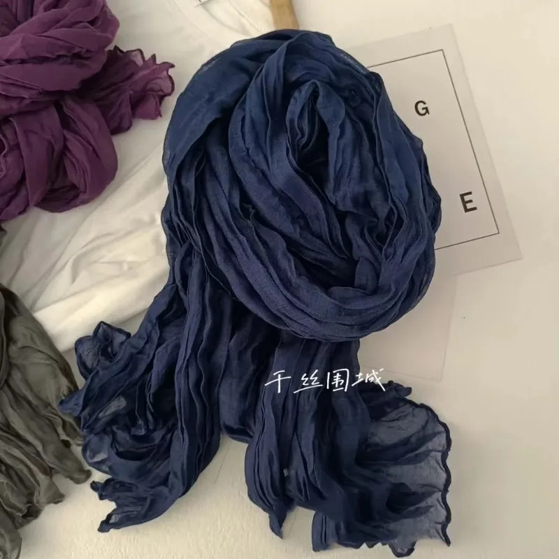 Solid Color Cotton Linen Hand Feel Scarf Retro Autumn Winter Pleated Green Thin Strip Shawl Mens Womens Thermal Silk 250517