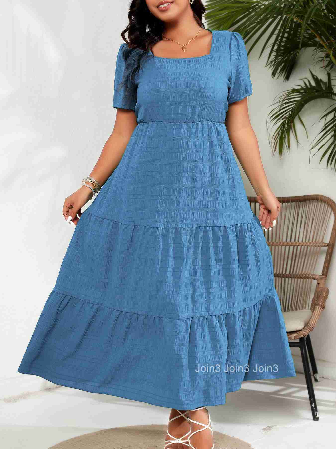 Womens Bubble Sleeves Square Neck Back Pleated Short Sleeve Pocket Dress