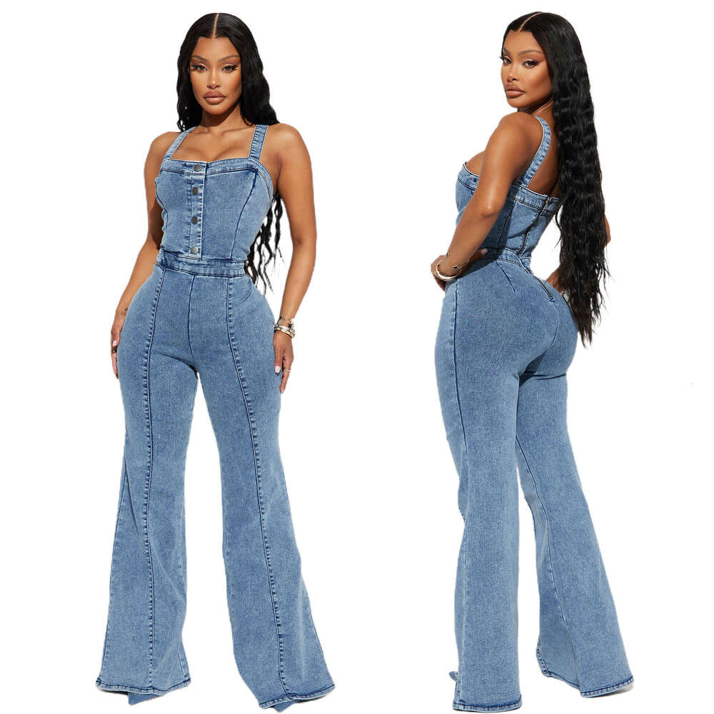 3545 platform women's fashion casual sexy shoulder straps denim jumpsuit wide leg flared pants
