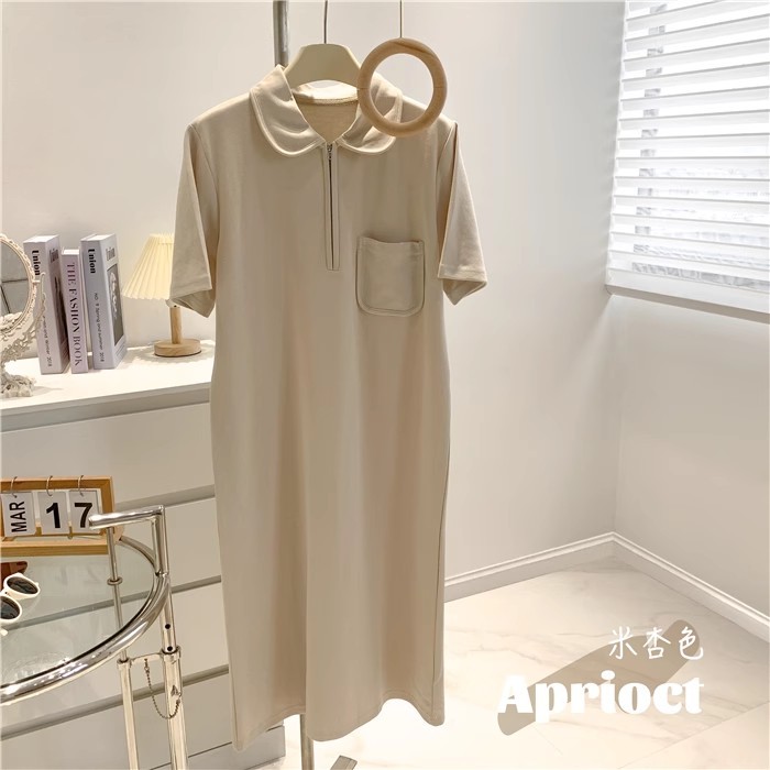 SL235 Half-zip Lapel Collar Short Sleeve Loose Slim Mid-length A-line Dress