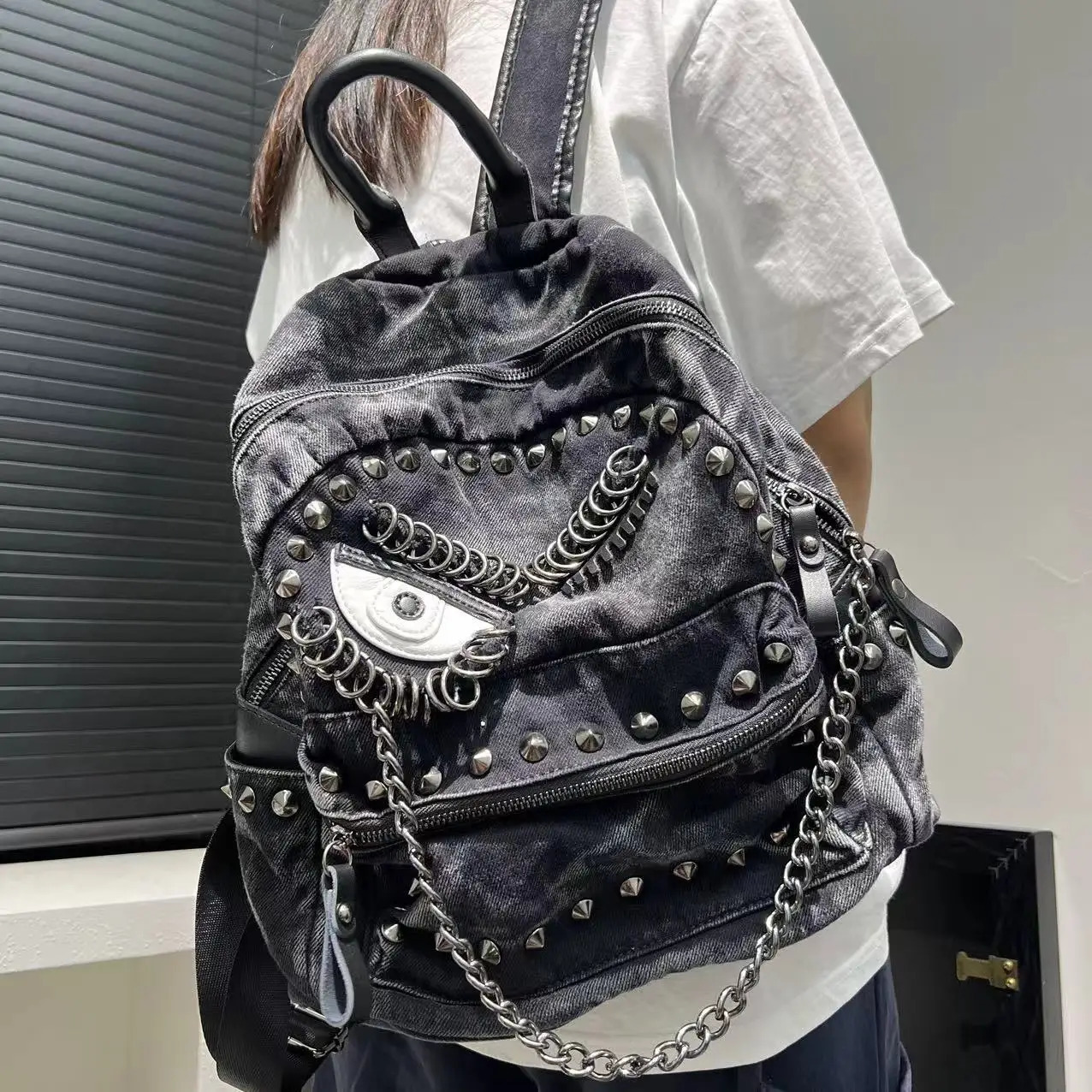 Womens Fashion Steampunk Denim Backpack Large Capacity Rivet Chain Shoulder Handbag 250514