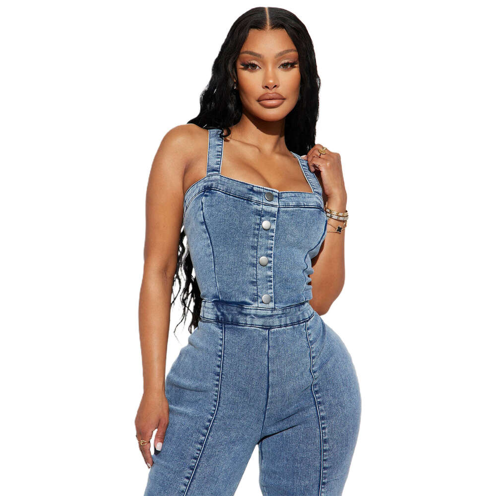 3545 platform women's fashion casual sexy shoulder straps denim jumpsuit wide leg flared pants