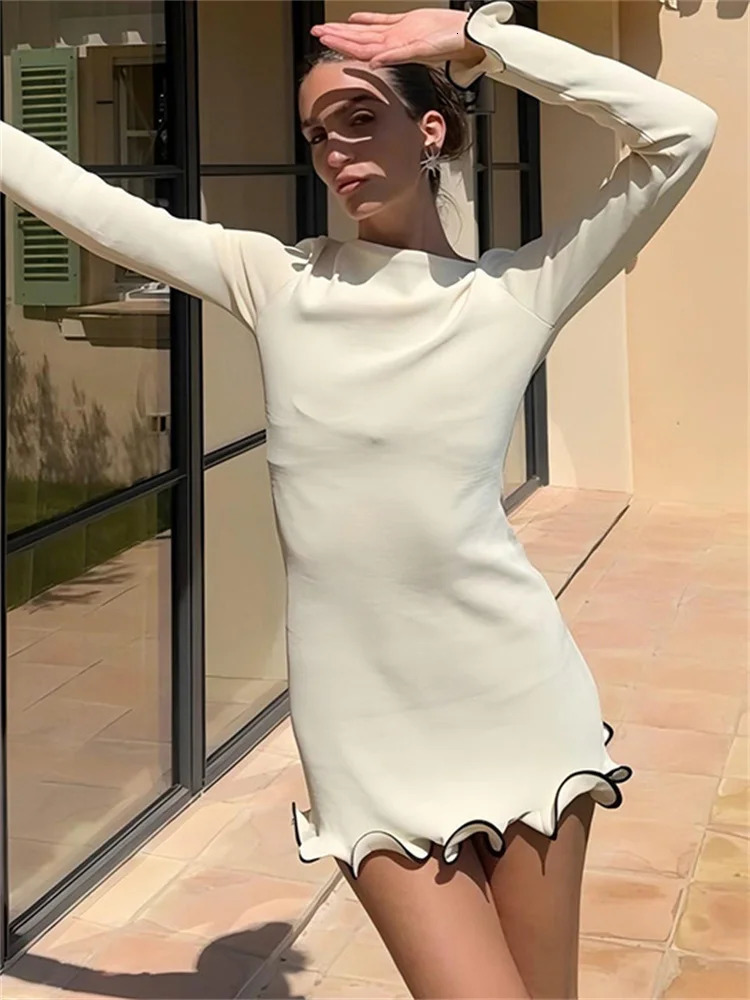 Ruffled Autumn Fashion Mini Dress Womens Slim Long Sleeve Patchwork Elegant Party Dress Casual Female Mini Dress 250517
