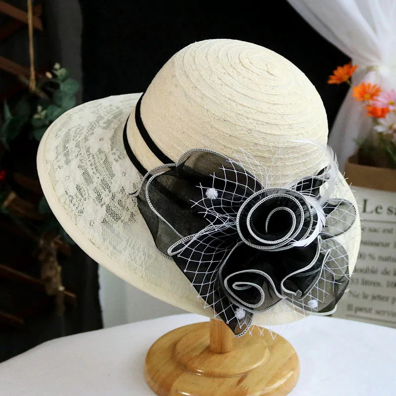 Fashion Elegant Breathable lace flower Church Hat For Women Foldable Wedding Party Summer Beach Protection Sun Cap 250517