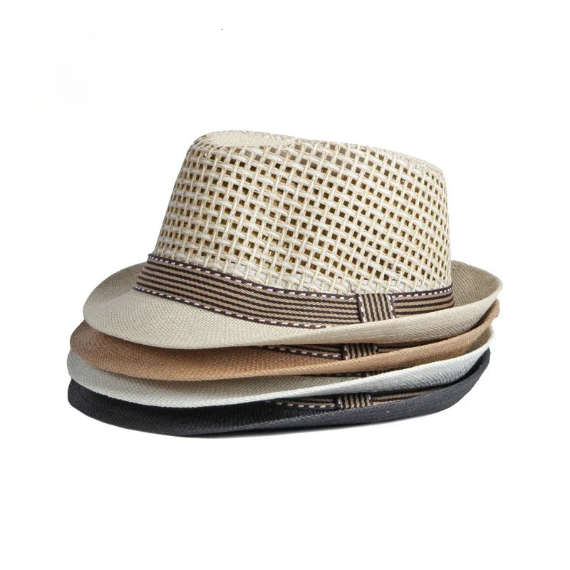 Mens Hats Summer Breathable Straw Small Top Hat Womens Sun Protection Beach Hat British Retro Jazz Cap Mesh Fedora Black Hat 250516