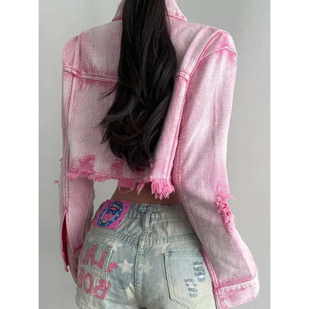 hoodie hoodie hoodie Zoki Sexy Cropped Hole Denim Jackets Women Streetwear Vintage Slim Y2K Jean Coats American Long Sleeve Female Haruku Pink Tops ja