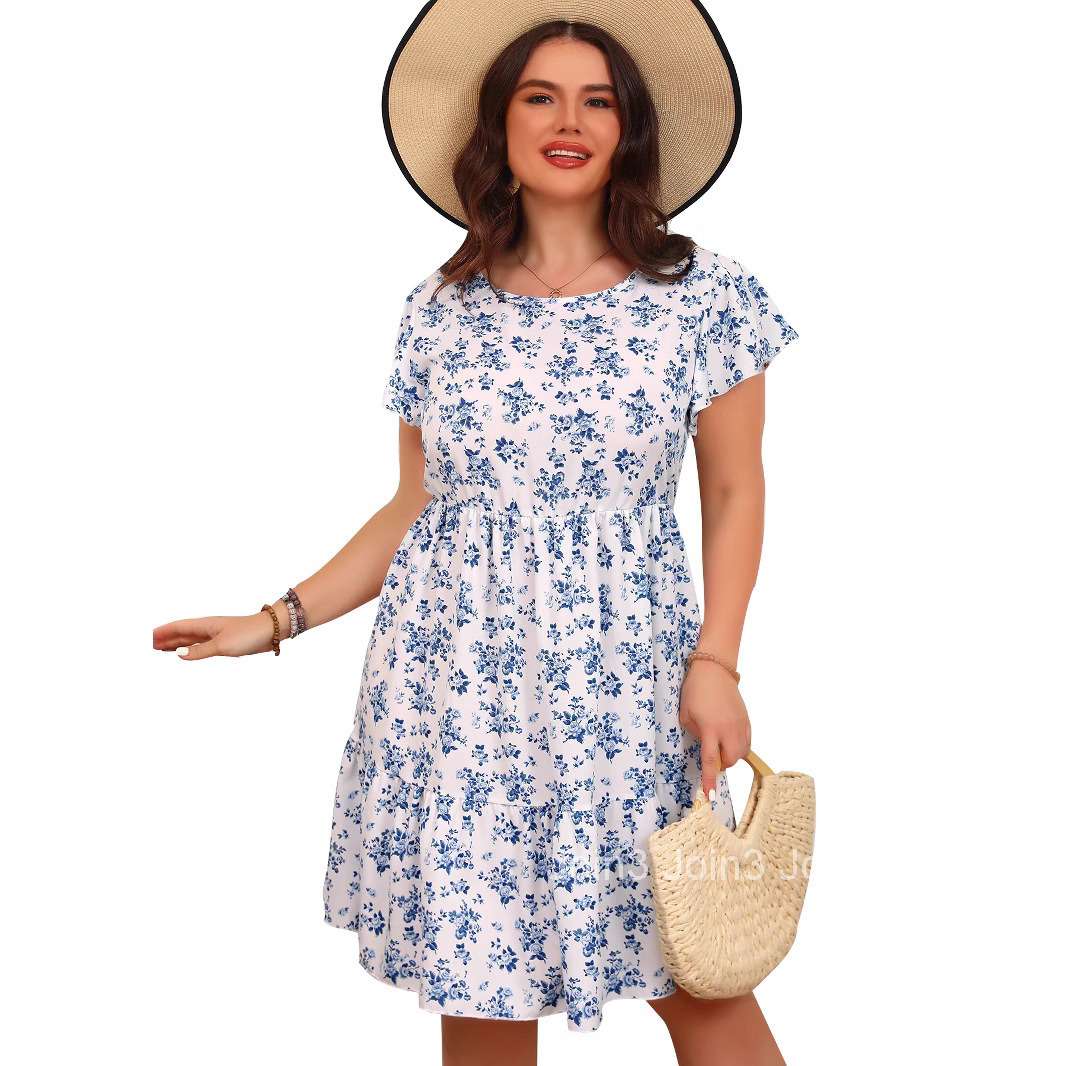 Large Womens Gentle Vacation Style Dress for Spring and Summer New Round Neck Floral Mid Length Skirt